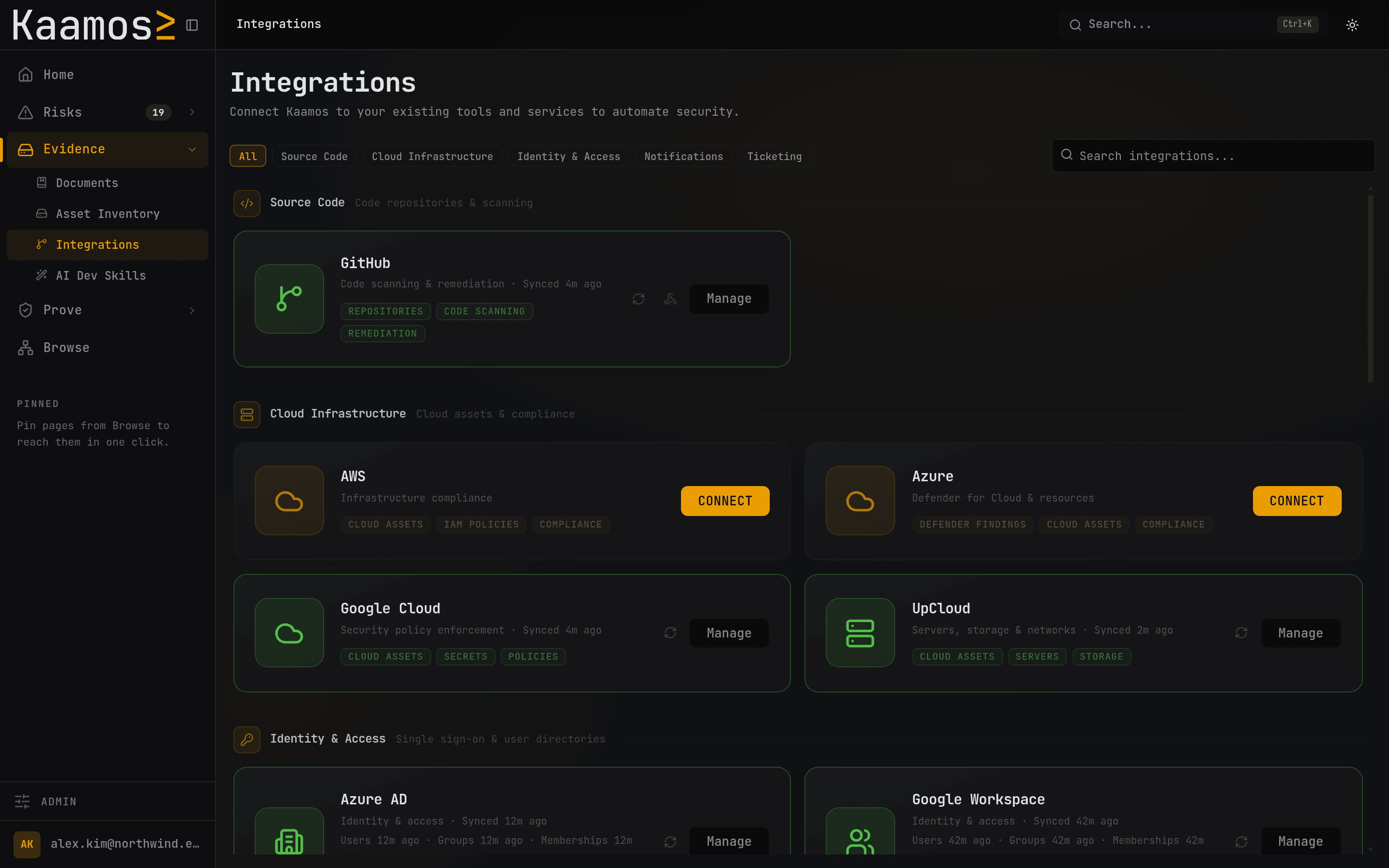 Kaamos integrations: connectors grouped by category, with coverage and last sync information.