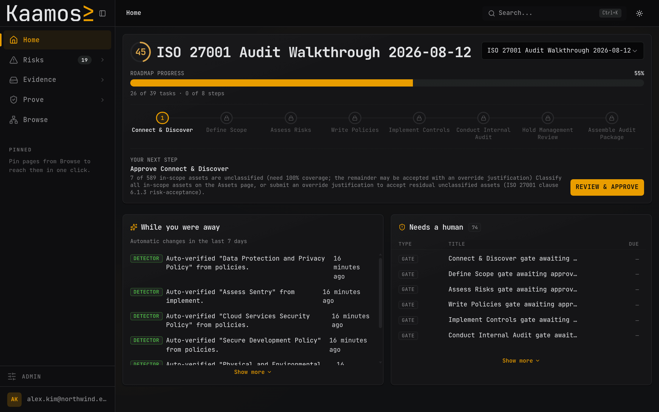 The Kaamos home screen, showing roadmap progress, automatically verified changes and work waiting for a person.