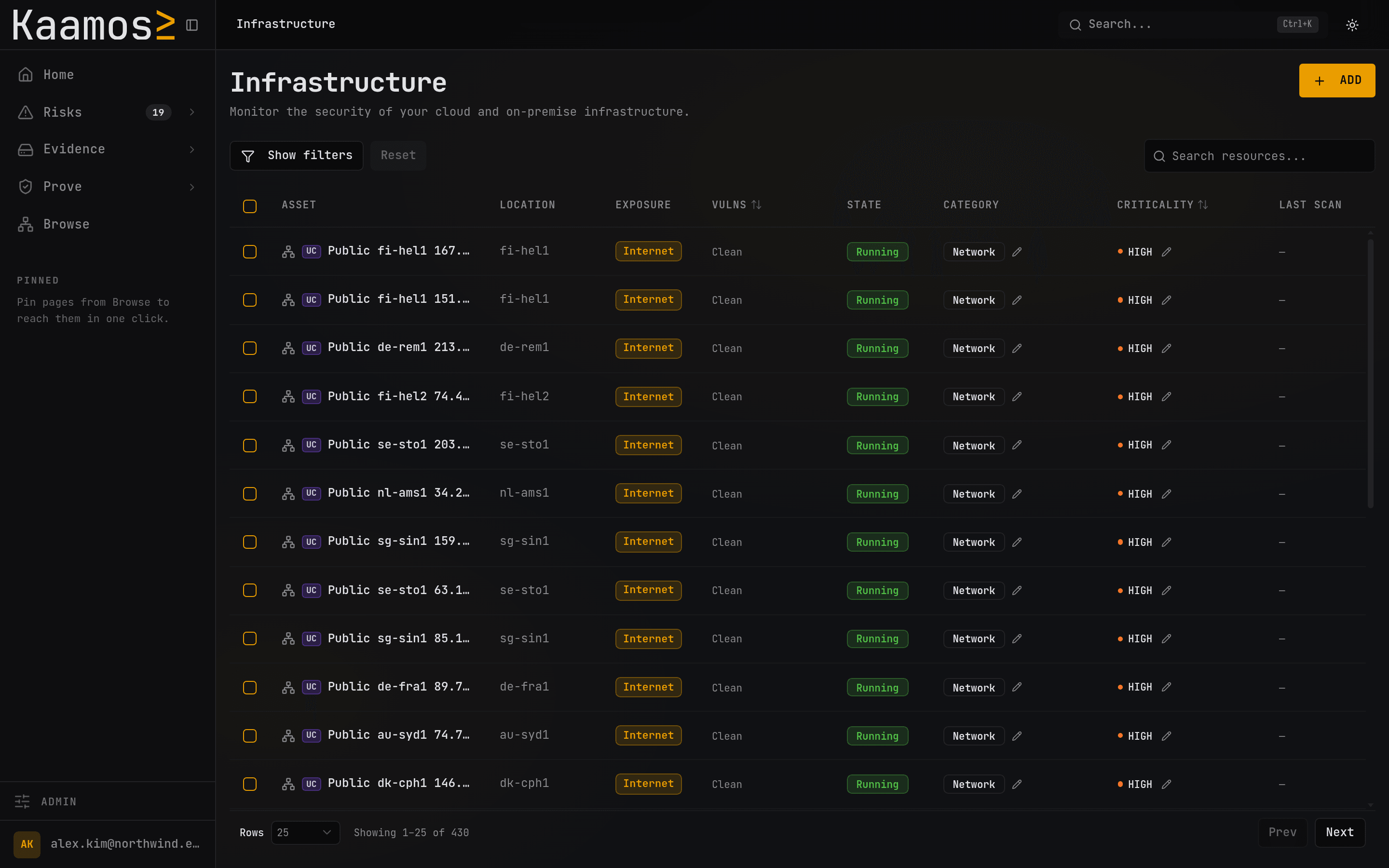 The infrastructure inventory: discovered cloud assets in a table, each with its provider, region, exposure, vulnerability state, category and criticality.