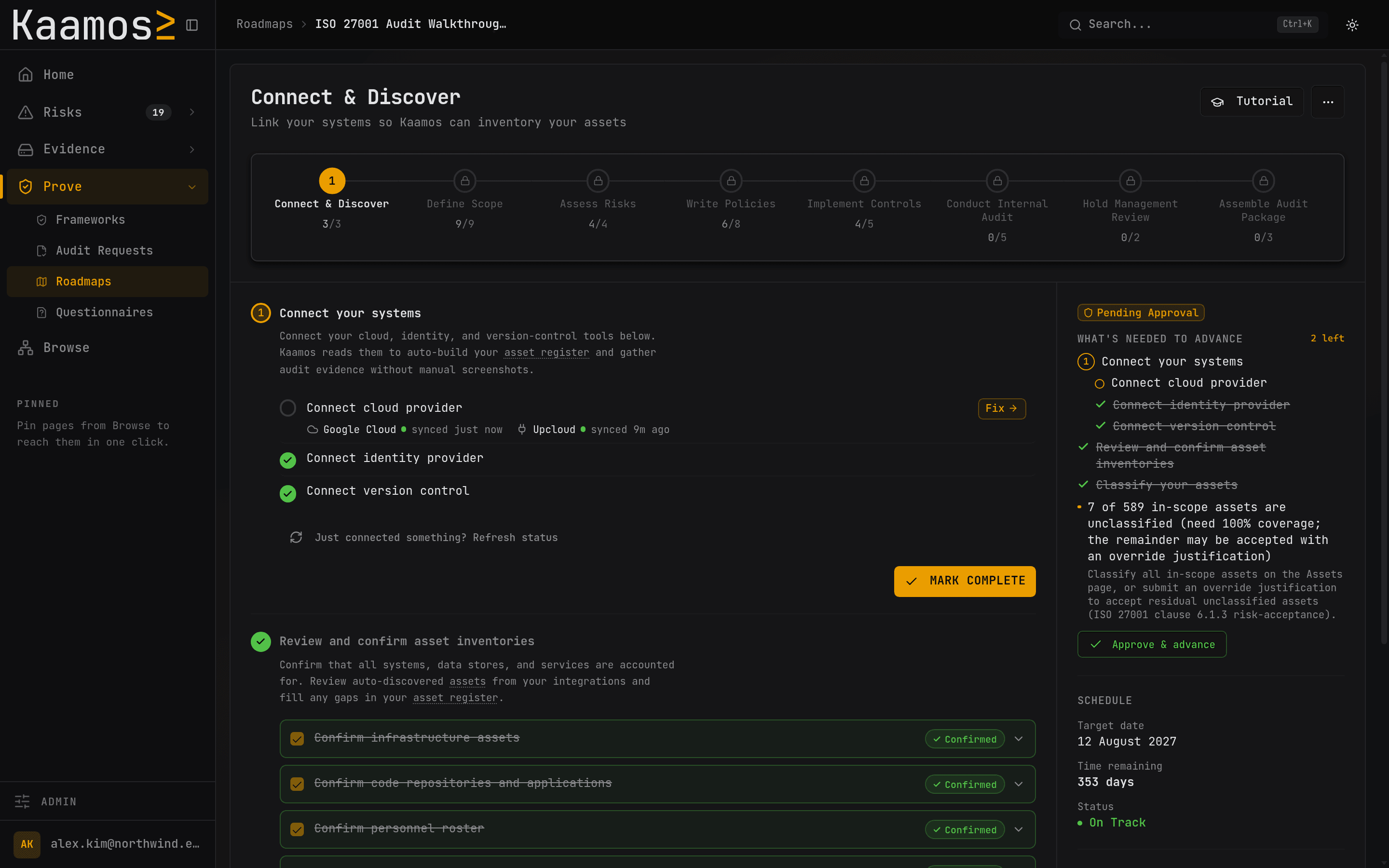 Step one of an eight-step roadmap: the step rail with per-step task counts, the checklist inside the active step, and the panel showing what is needed to advance.
